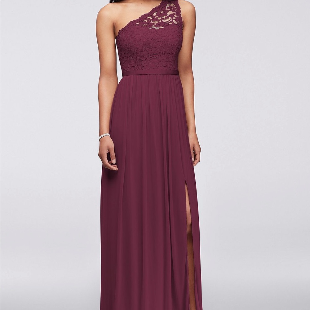 David’s Bridal Wine One shoulder bridesmaid